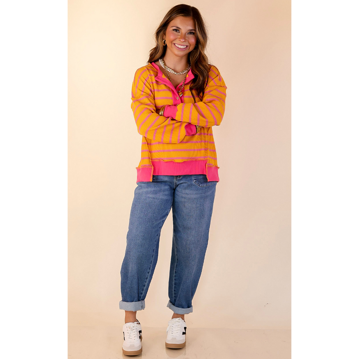 Casual Edge Long Sleeve Striped Henley Knit Top with Dropped Shoulders in Orange with Pink Stripes