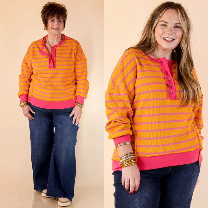 Casual Edge Long Sleeve Striped Henley Knit Top with Dropped Shoulders in Orange with Pink Stripes