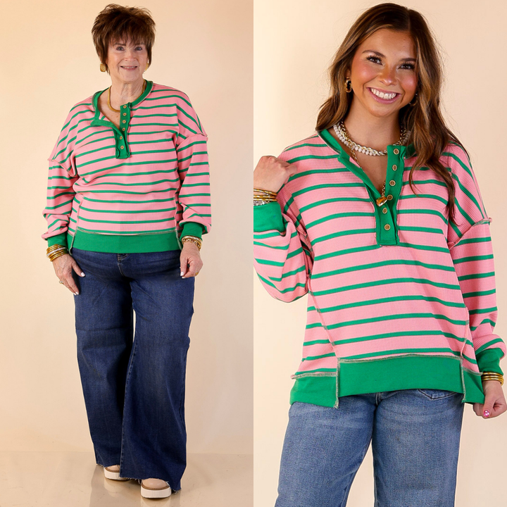 Casual Edge Long Sleeve Striped Henley Knit Top with Dropped Shoulders in Pink with Green Stripes