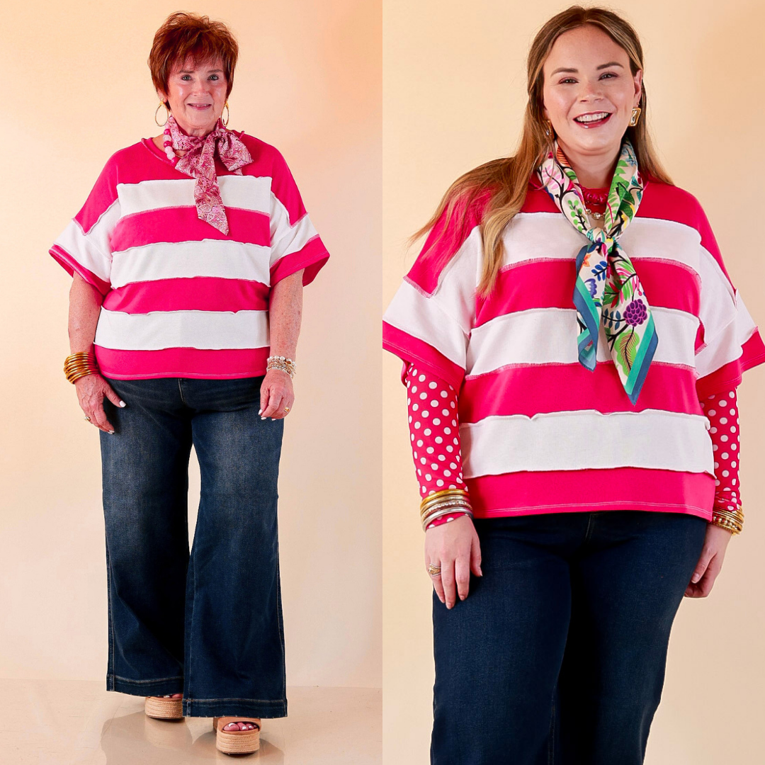 Simply Styled Color Block Rugby Style Relaxed Short Sleeve Top in Hot Pink