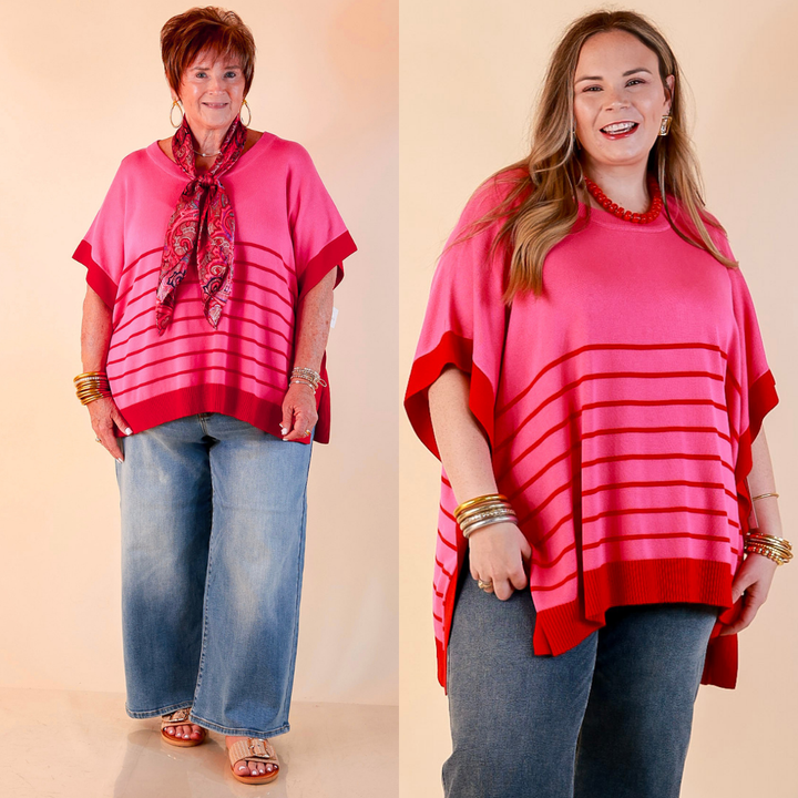 Casual to Chic Short Sleeve Striped Poncho Top in Pink and Red