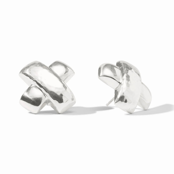 Pair of silver X earrings on a white background