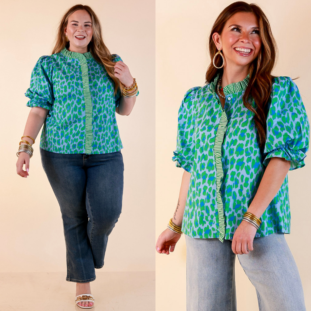 Catch the Compliments Puff Sleeve Ruffle Trim Leopard Print Statement Top in Green and Blue