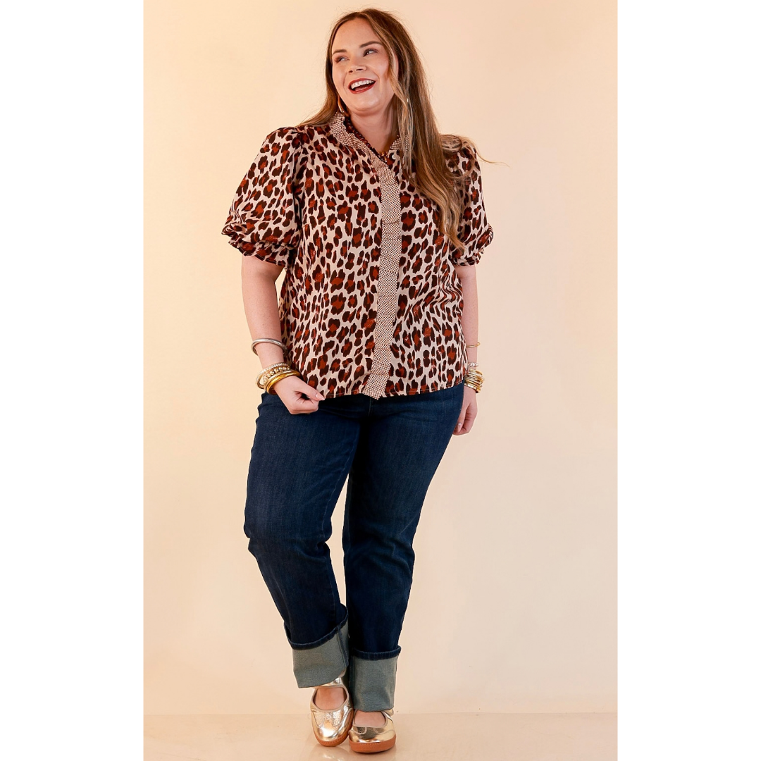 Catch the Compliments Puff Sleeve Ruffle Trim Leopard Print Statement Top in Ivory and Brown