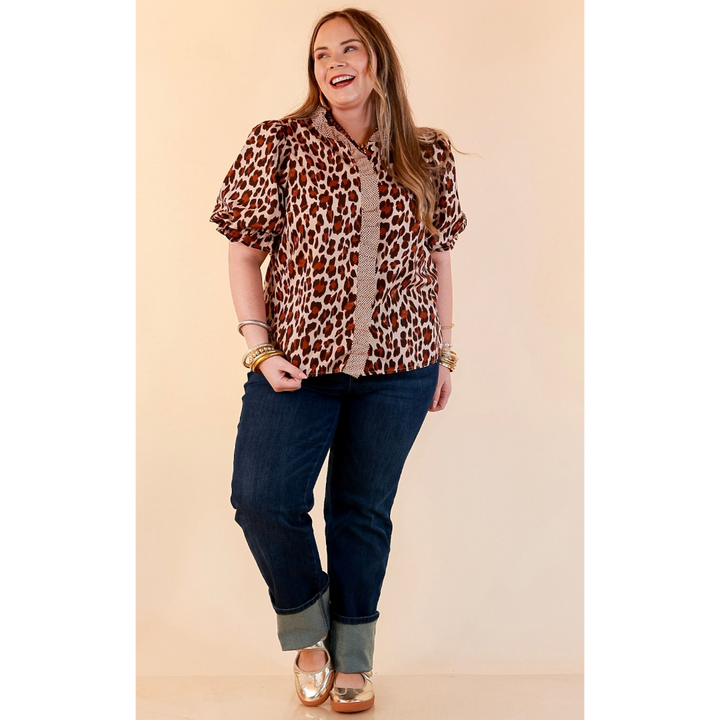 Catch the Compliments Puff Sleeve Ruffle Trim Leopard Print Statement Top in Ivory and Brown