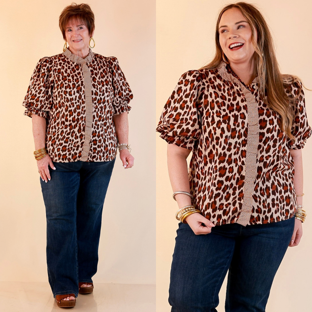 Catch the Compliments Puff Sleeve Ruffle Trim Leopard Print Statement Top in Ivory and Brown