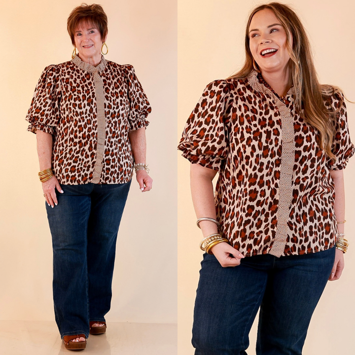 Catch the Compliments Puff Sleeve Ruffle Trim Leopard Print Statement Top in Ivory and Brown