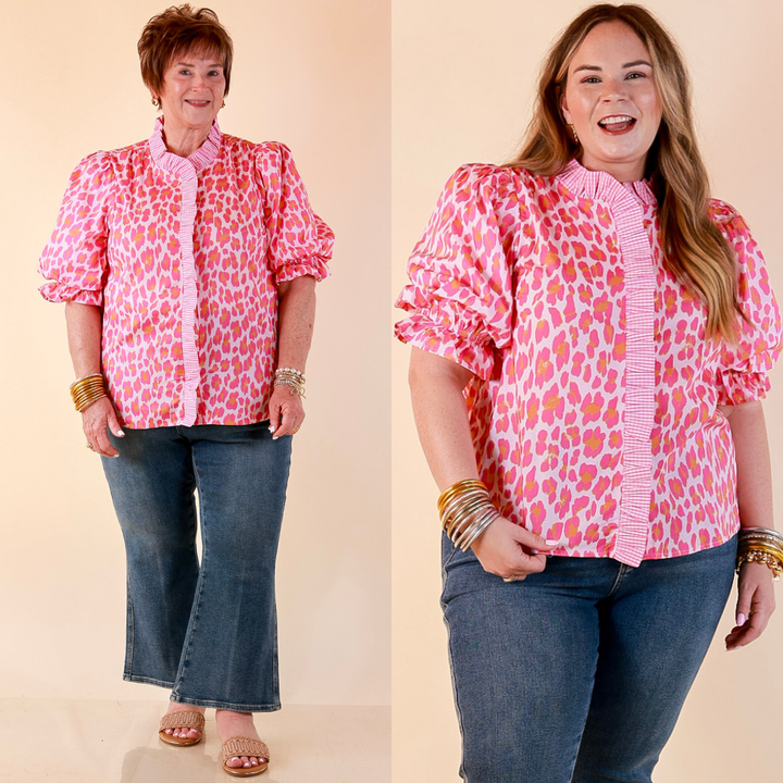 Catch the Compliments Puff Sleeve Ruffle Trim Leopard Print Statement Top in Pink and Orange