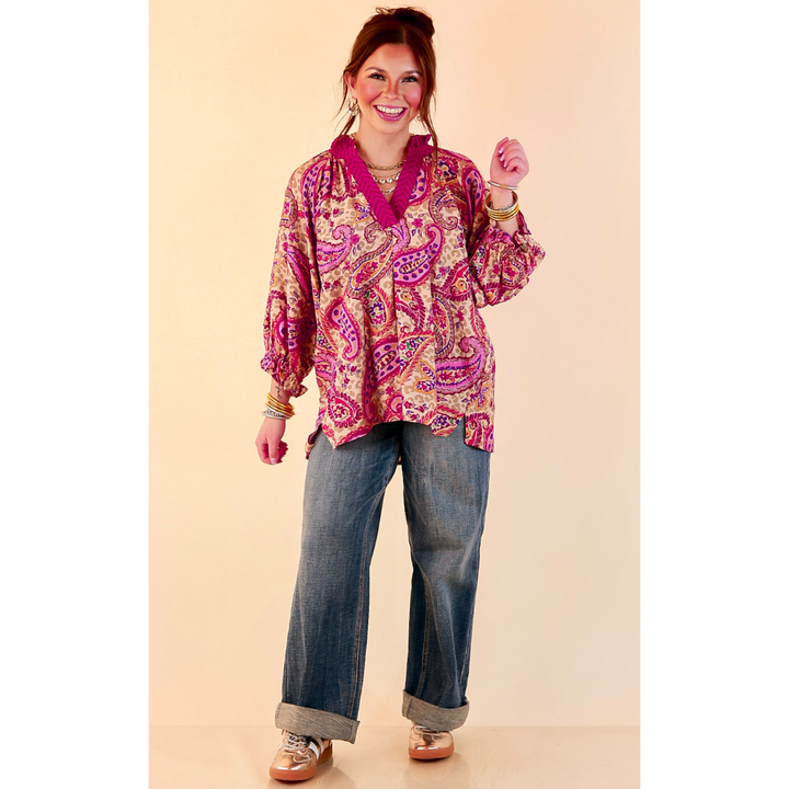 Caught My Eye Ruffle Contrast Stripe Detail Neck Balloon Sleeve Paisley Print Blouse in Fuchsia Pink Multi