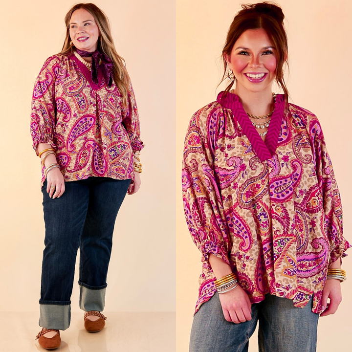 Caught My Eye Ruffle Contrast Stripe Detail Neck Balloon Sleeve Paisley Print Blouse in Fuchsia Pink Multi