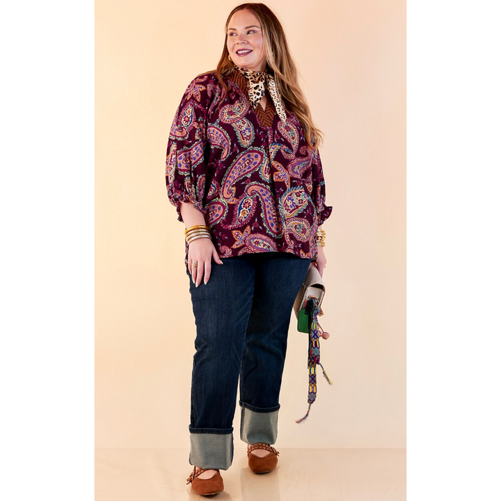 Caught My Eye Ruffle Contrast Stripe Detail Neck Balloon Sleeve Paisley Print Blouse in Plum Purple Mix