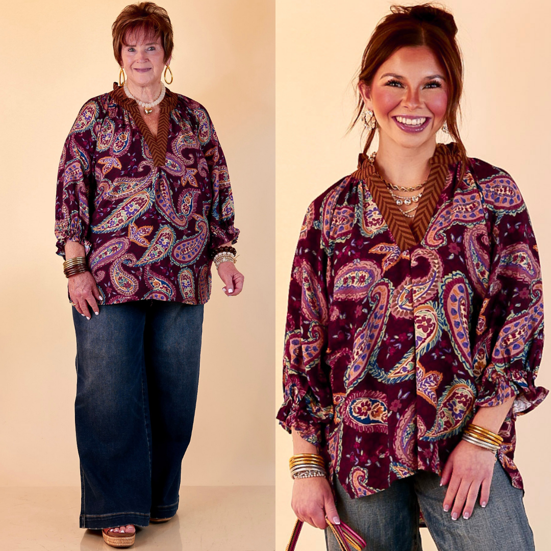 Caught My Eye Ruffle Contrast Stripe Detail Neck Balloon Sleeve Paisley Print Blouse in Plum Purple Mix