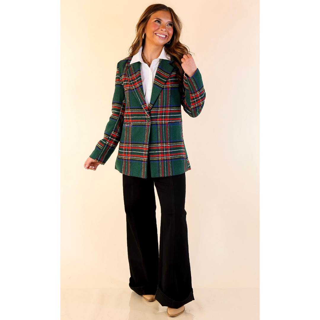 Charmed for the Season Long Sleeve Tartan Plaid Blazer in Green