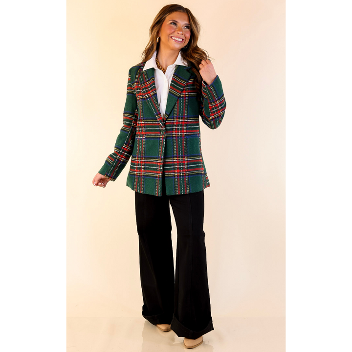 Charmed for the Season Long Sleeve Tartan Plaid Blazer in Green