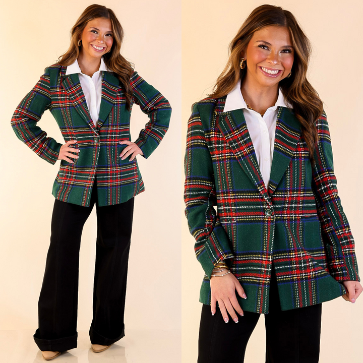 Charmed for the Season Long Sleeve Tartan Plaid Blazer in Green