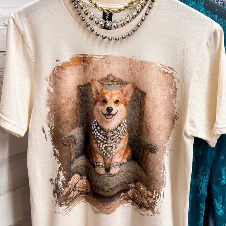Charming Callie the Glam Corgi Printed Short Sleeve Graphic Tee with Crystals in Cream
