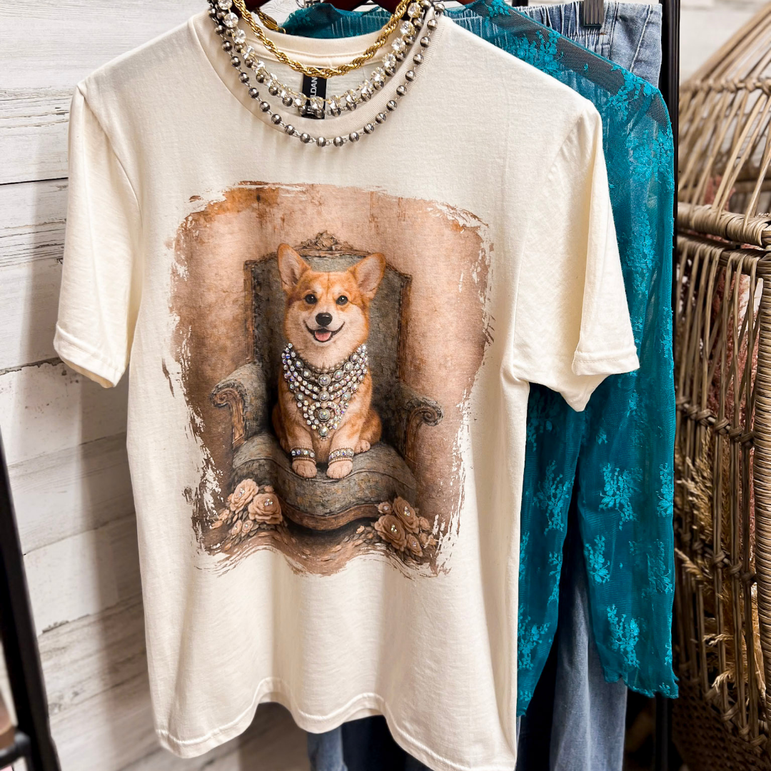Charming Callie the Glam Corgi Printed Short Sleeve Graphic Tee with Crystals in Cream