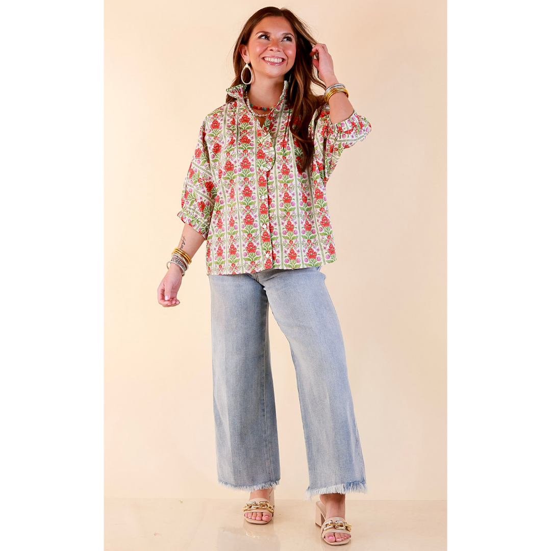 Charming Details Floral Print Button Front Dolman Top with Ruffle Collar in Ivory