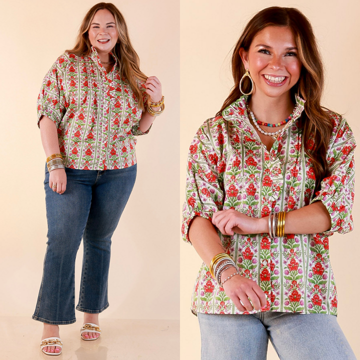Charming Details Floral Print Button Front Dolman Top with Ruffle Collar in Ivory