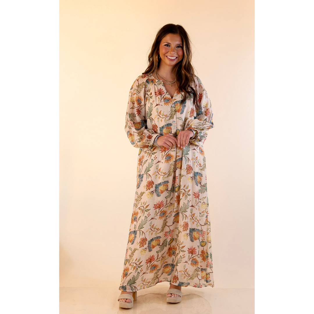 Charming Impression Floral Print Maxi Dress with Long Sleeves in Cream, Olive, Teal and Rust
