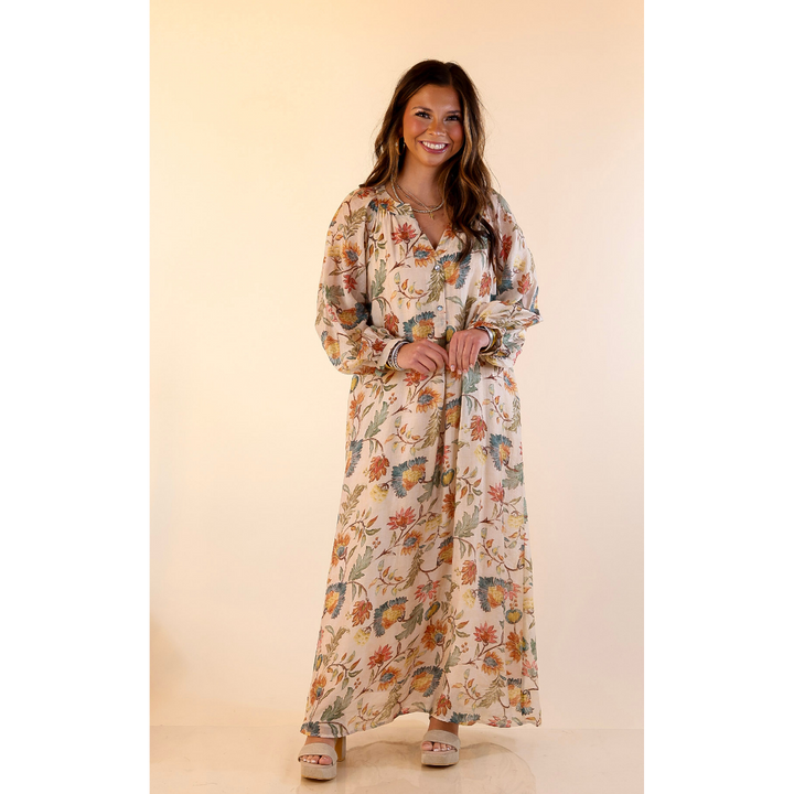 Charming Impression Floral Print Maxi Dress with Long Sleeves in Cream, Olive, Teal and Rust