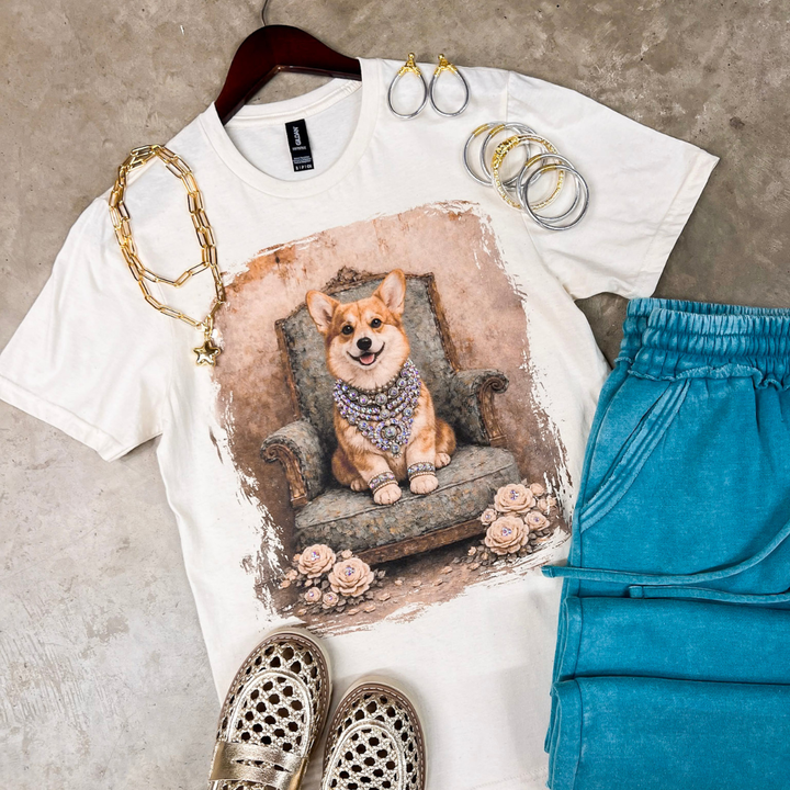 Charming Callie the Glam Corgi Printed Short Sleeve Graphic Tee with Crystals in Cream