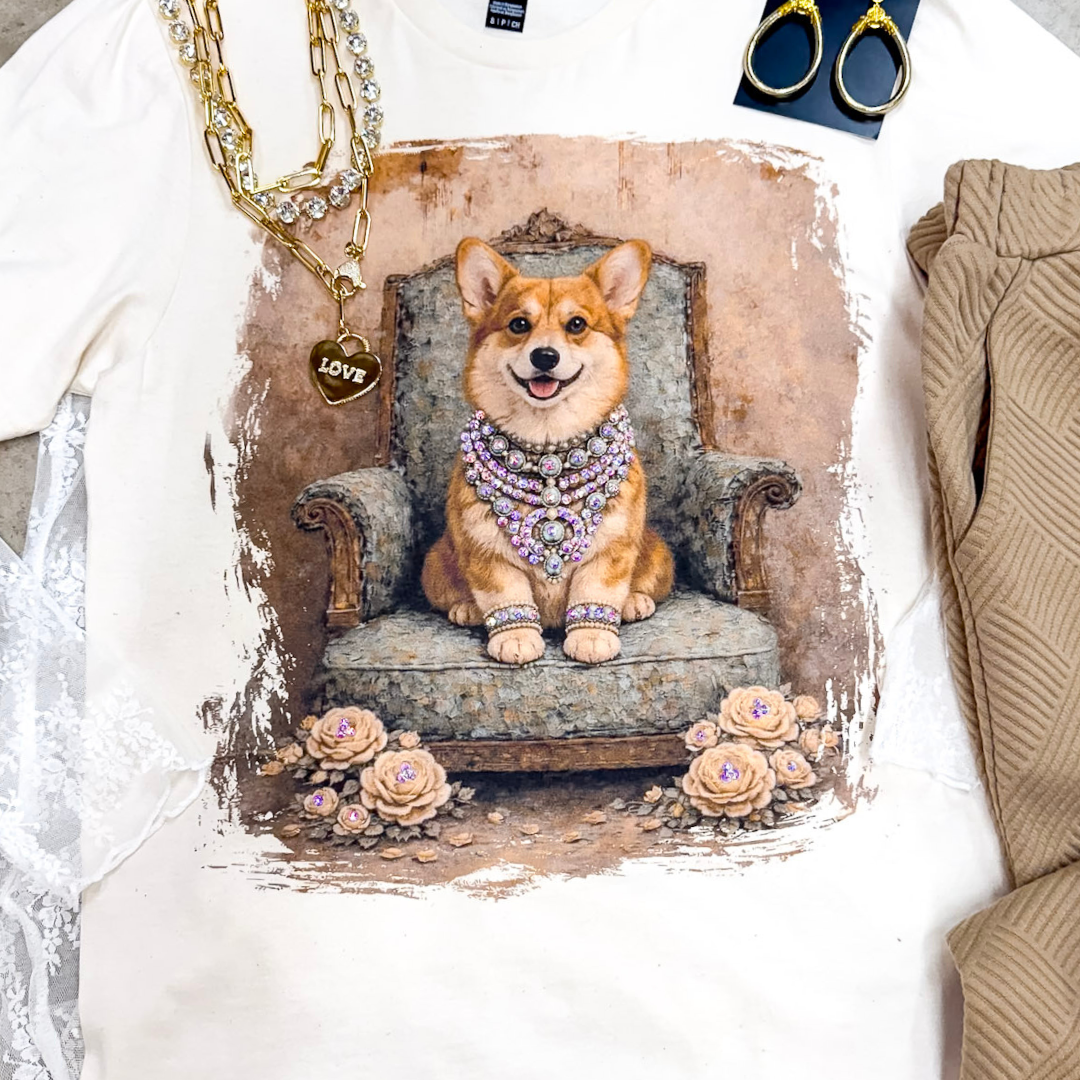 Charming Callie the Glam Corgi Printed Short Sleeve Graphic Tee with Crystals in Cream