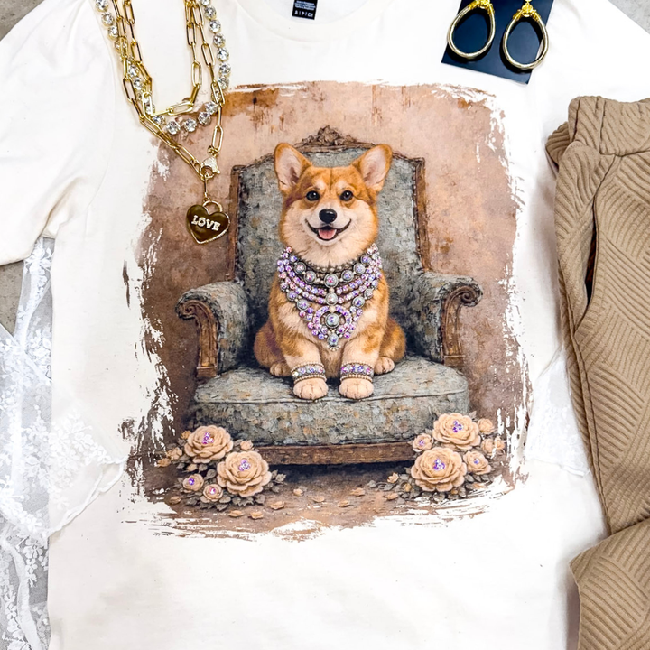 Charming Callie the Glam Corgi Printed Short Sleeve Graphic Tee with Crystals in Cream