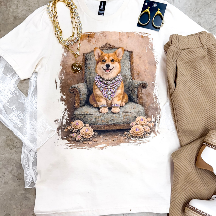 Charming Callie the Glam Corgi Printed Short Sleeve Graphic Tee with Crystals in Cream