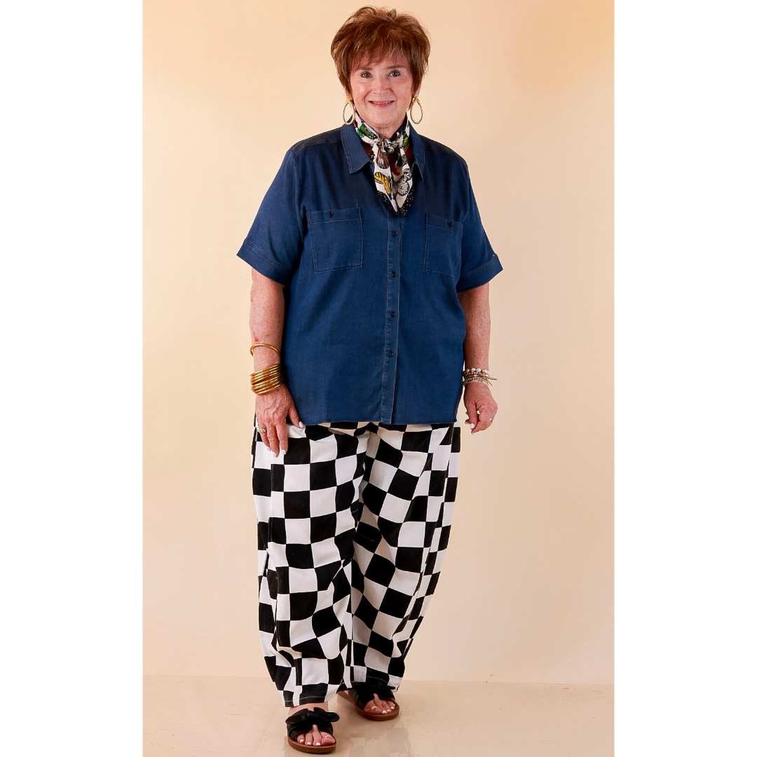 Check Me Out Wide Leg Checkered Print Barrel Denim Jean in Black