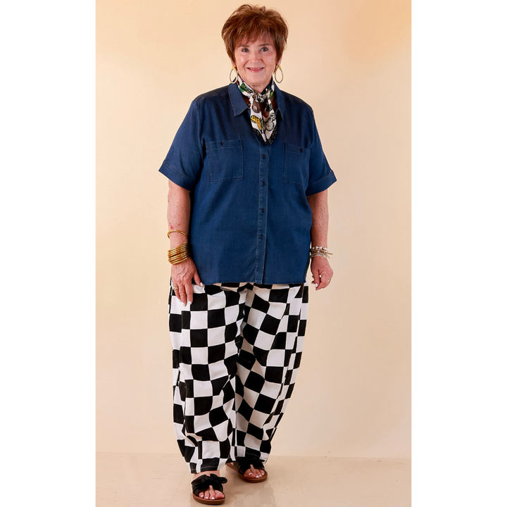 Check Me Out Wide Leg Checkered Print Barrel Denim Jean in Black