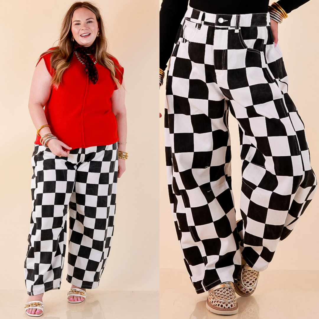 Check Me Out Wide Leg Checkered Print Barrel Denim Jean in Black