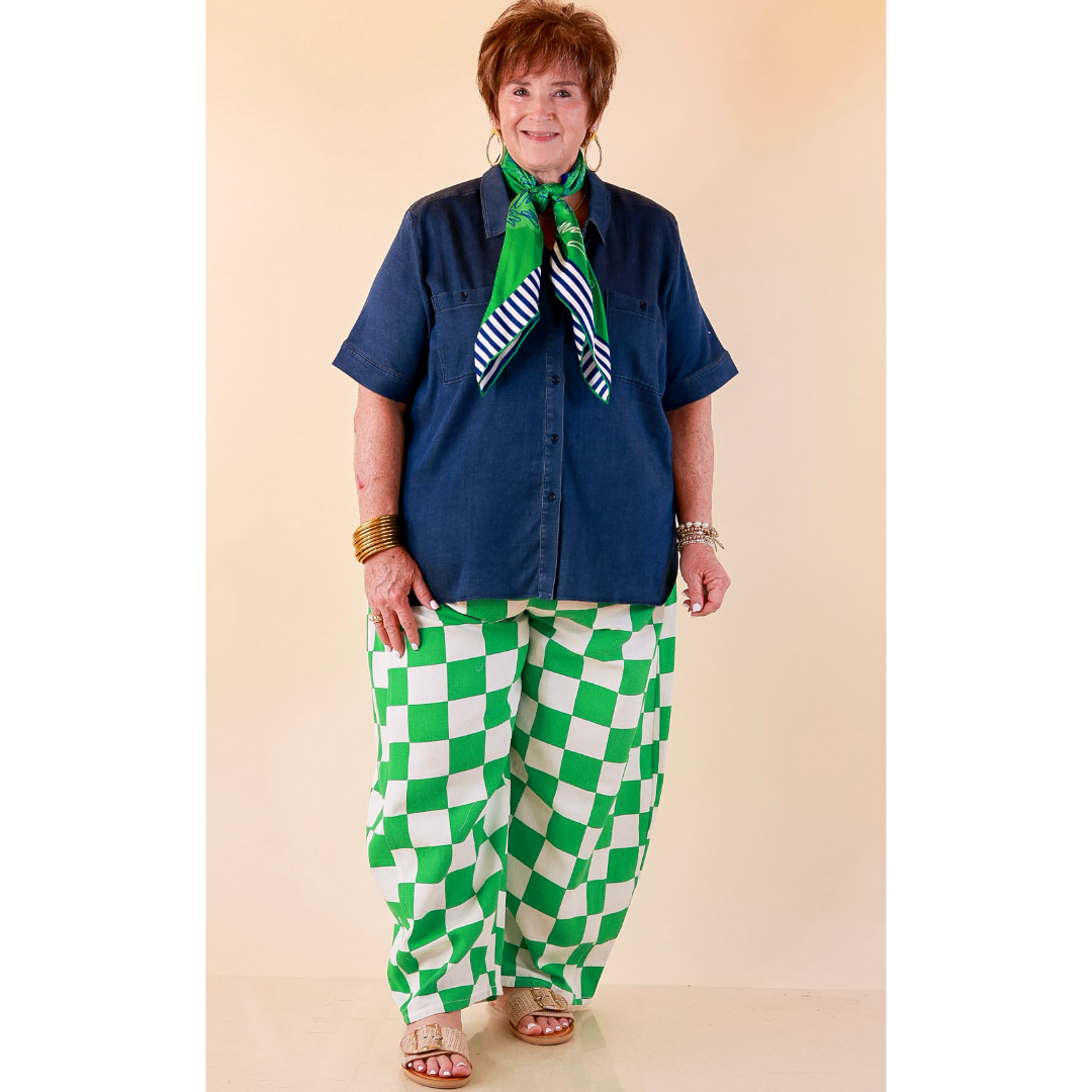 Check Me Out Wide Leg Checkered Print Barrel Denim Jean in Green