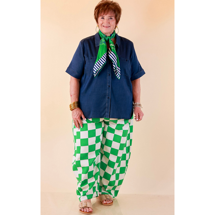 Check Me Out Wide Leg Checkered Print Barrel Denim Jean in Green