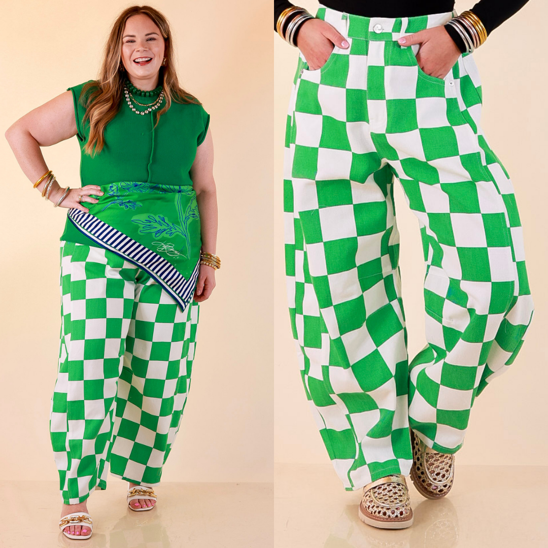 Check Me Out Wide Leg Checkered Print Barrel Denim Jean in Green