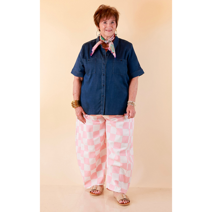 Check Me Out Wide Leg Checkered Print Barrel Denim Jean in Pink