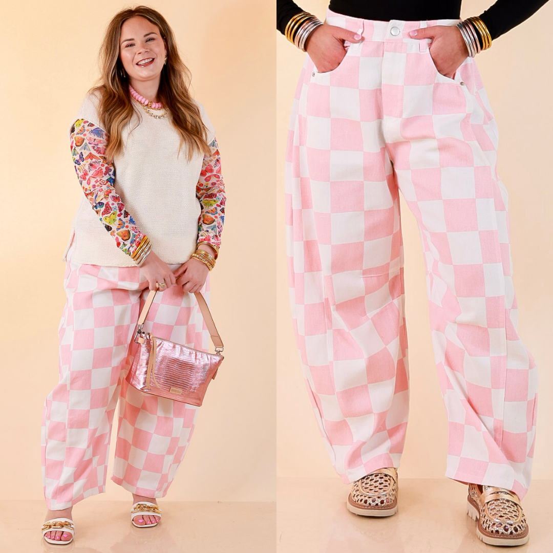 Check Me Out Wide Leg Checkered Print Barrel Denim Jean in Pink