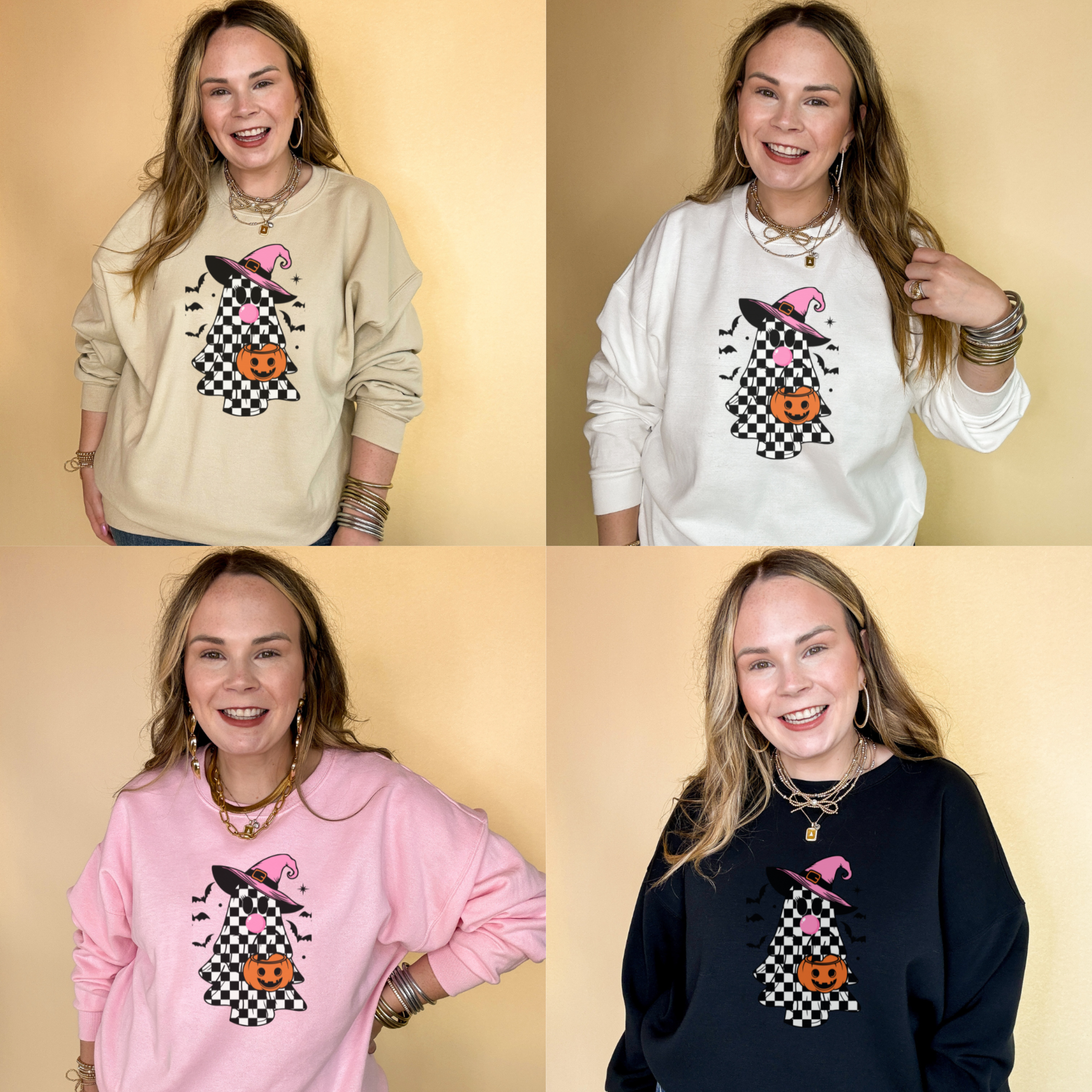 Online Exclusive | Checkered Ghost, Trick-or-Treating while Blowing Bubblegum Graphic Sweatshirt in Multiple Color Options