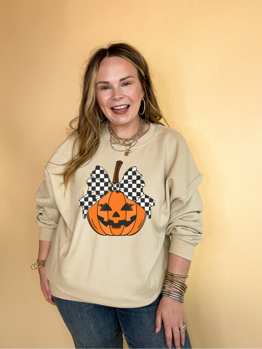 Online Exclusive | Jack-O-Lantern Pumpkin with Checkered Bow Graphic Sweatshirt in Multiple Color Options