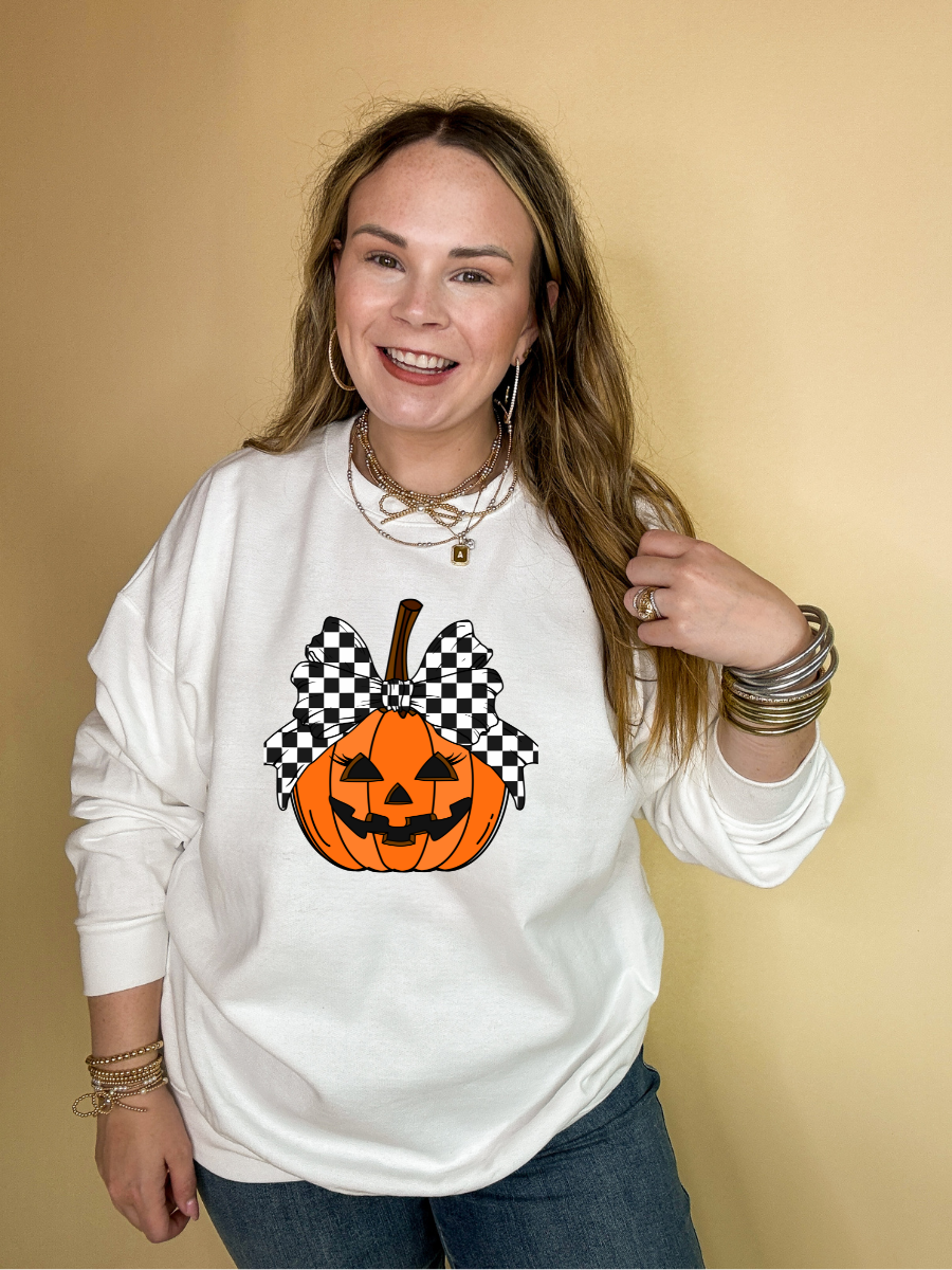 Online Exclusive | Jack-O-Lantern Pumpkin with Checkered Bow Graphic Sweatshirt in Multiple Color Options