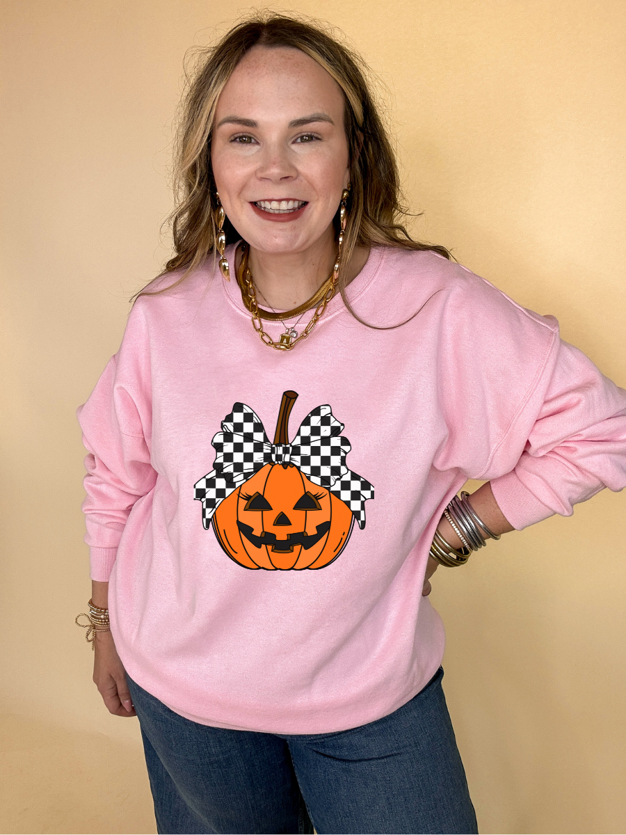 Online Exclusive | Jack-O-Lantern Pumpkin with Checkered Bow Graphic Sweatshirt in Multiple Color Options