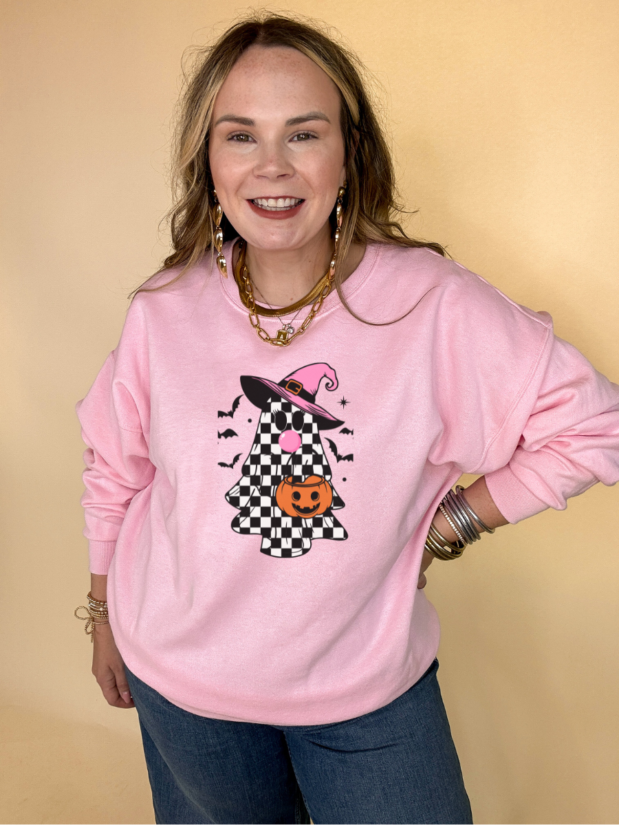 Online Exclusive | Checkered Ghost, Trick-or-Treating while Blowing Bubblegum Graphic Sweatshirt in Multiple Color Options