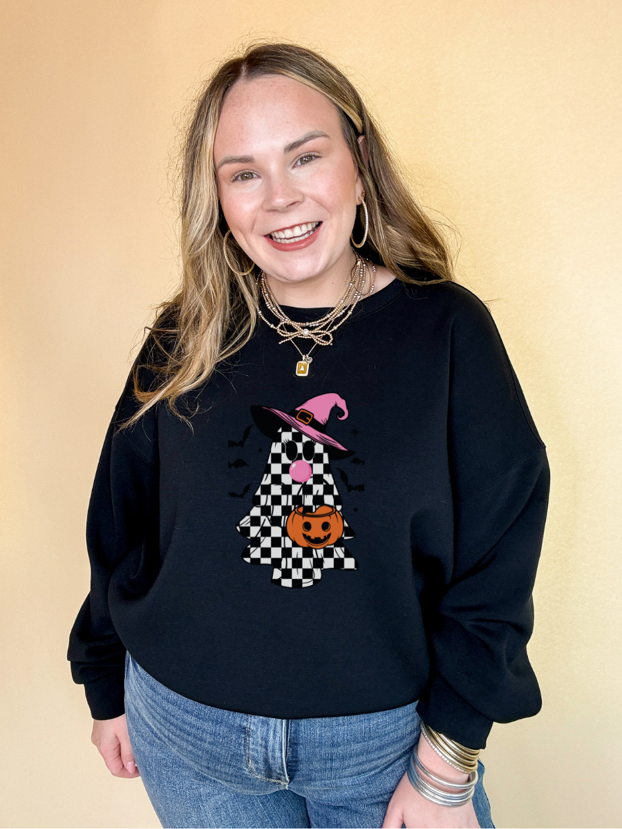 Online Exclusive | Checkered Ghost, Trick-or-Treating while Blowing Bubblegum Graphic Sweatshirt in Multiple Color Options