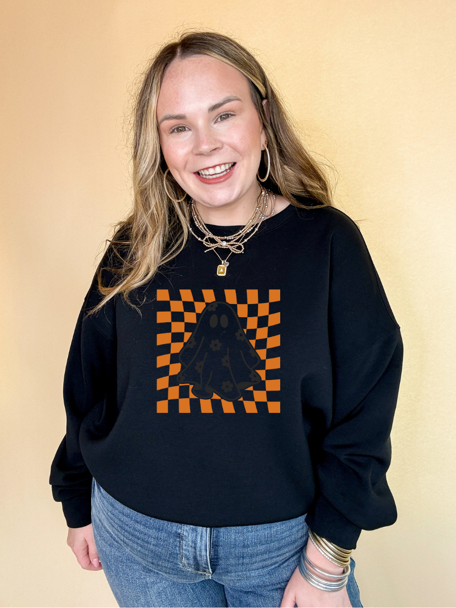 Online Exclusive | Floral Ghost Graphic Sweatshirt with Orange and White Checkered Background in Multiple Color Options