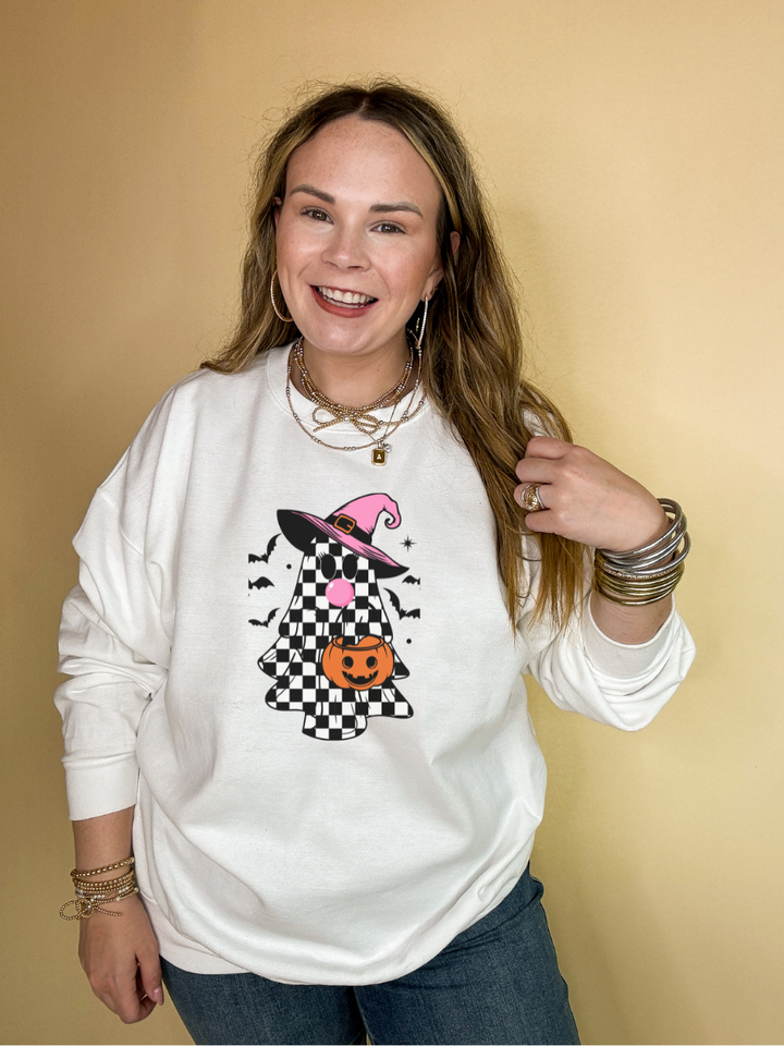 Online Exclusive | Checkered Ghost, Trick-or-Treating while Blowing Bubblegum Graphic Sweatshirt in Multiple Color Options