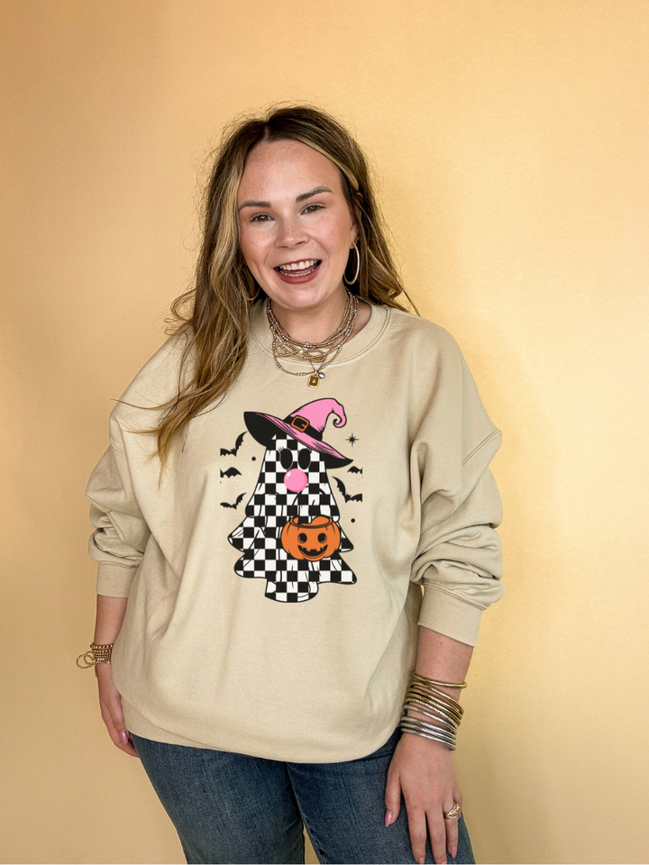 Online Exclusive | Checkered Ghost, Trick-or-Treating while Blowing Bubblegum Graphic Sweatshirt in Multiple Color Options