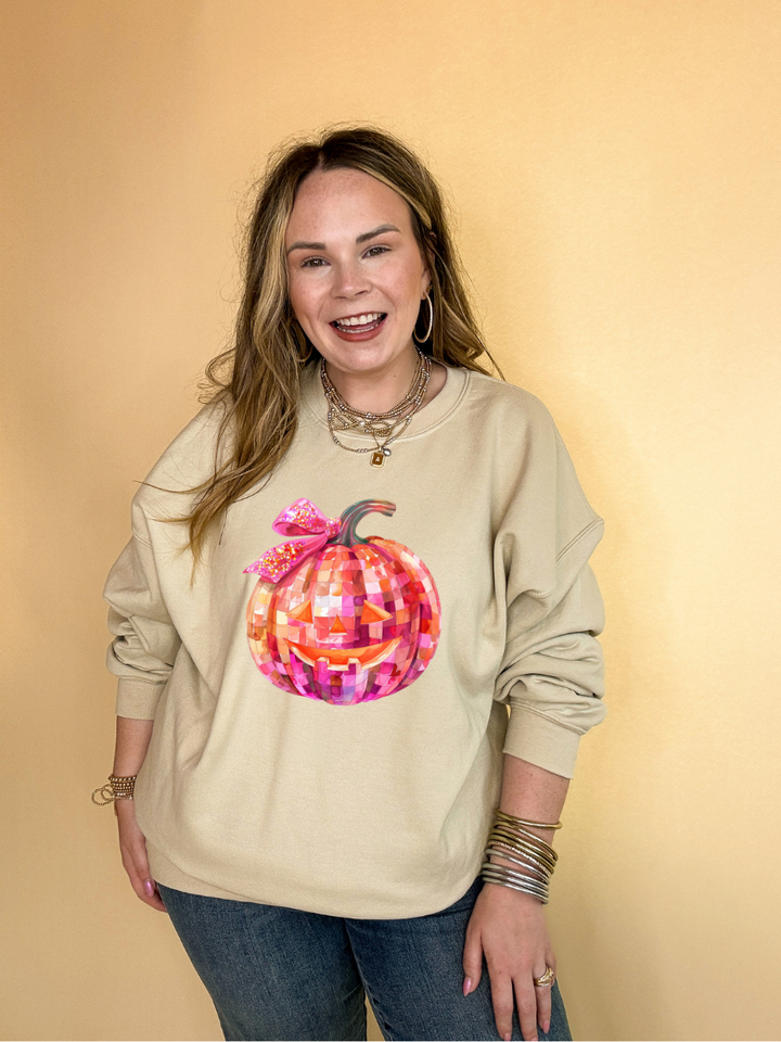 Online Exclusive |  Pink Party Pumpkin with Jack-O-Lantern Face and Half Bow Graphic Sweatshirt in Multiple Color Options