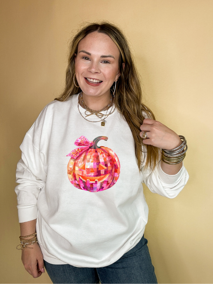 Online Exclusive |  Pink Party Pumpkin with Jack-O-Lantern Face and Half Bow Graphic Sweatshirt in Multiple Color Options