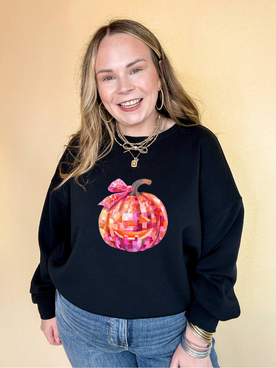 Online Exclusive |  Pink Party Pumpkin with Jack-O-Lantern Face and Half Bow Graphic Sweatshirt in Multiple Color Options