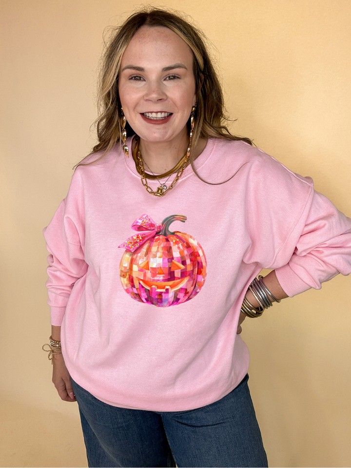Online Exclusive |  Pink Party Pumpkin with Jack-O-Lantern Face and Half Bow Graphic Sweatshirt in Multiple Color Options